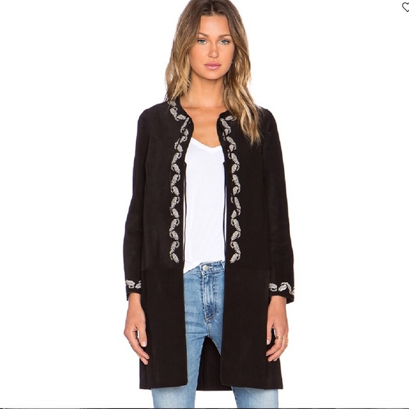 Alexa Chung x AG Walker Coat Embroidered Suede Leather Black XS - Picture 2 of 13